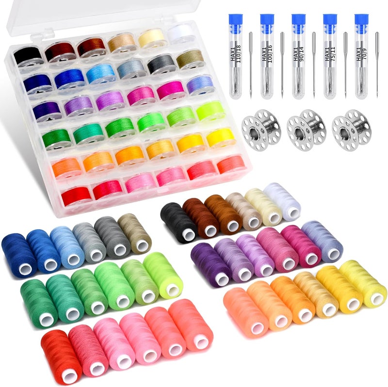 Bymore 125 Pcs Sewing Thread Kit, 36 Assorted Colors Machine Threads with Spools, 400 Yards Prewound Bobbins Set with 50 Machine Needles (70/9, 75/11, 90/14, 100/16 110/18) for Universal Sewing Machines Use - Image 1